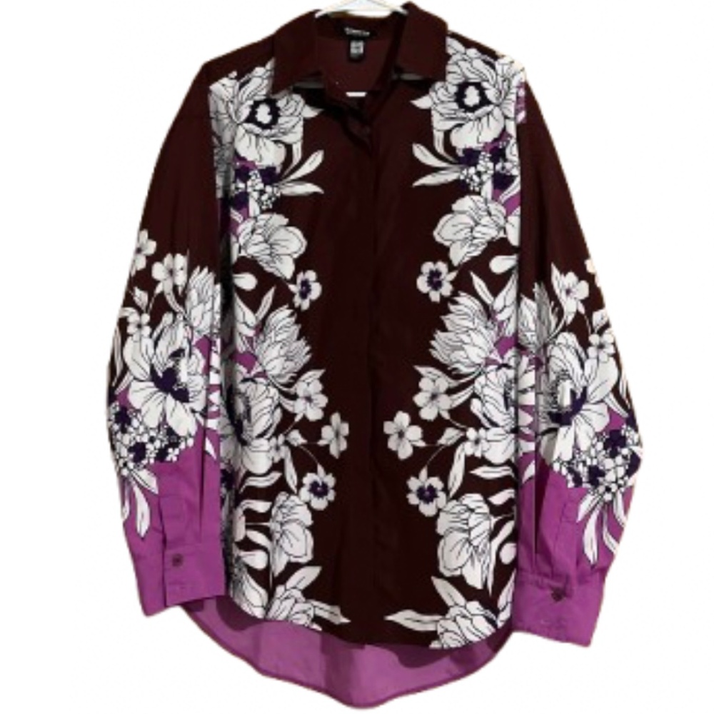 Express Women’s Burgundy Multi Floral Print Boyfriend Portofino Fit Shirt Sz-S/M